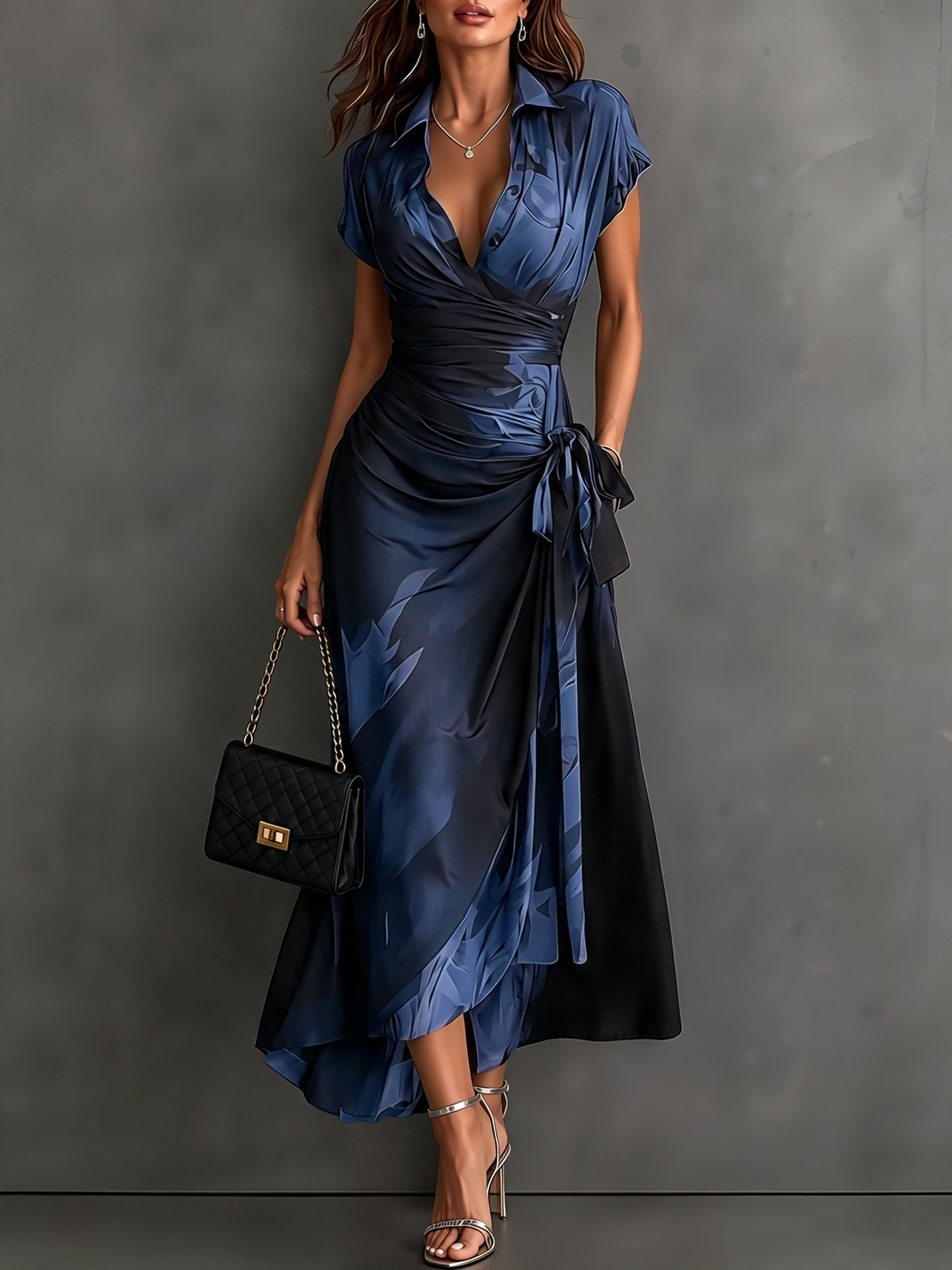 Midi-Wickelkleid mit abstraktem rot-schwarzem Print, V-Ausschnitt, kurzen Ärmeln, Bindegürtel und asymmetrischem Volantsaum