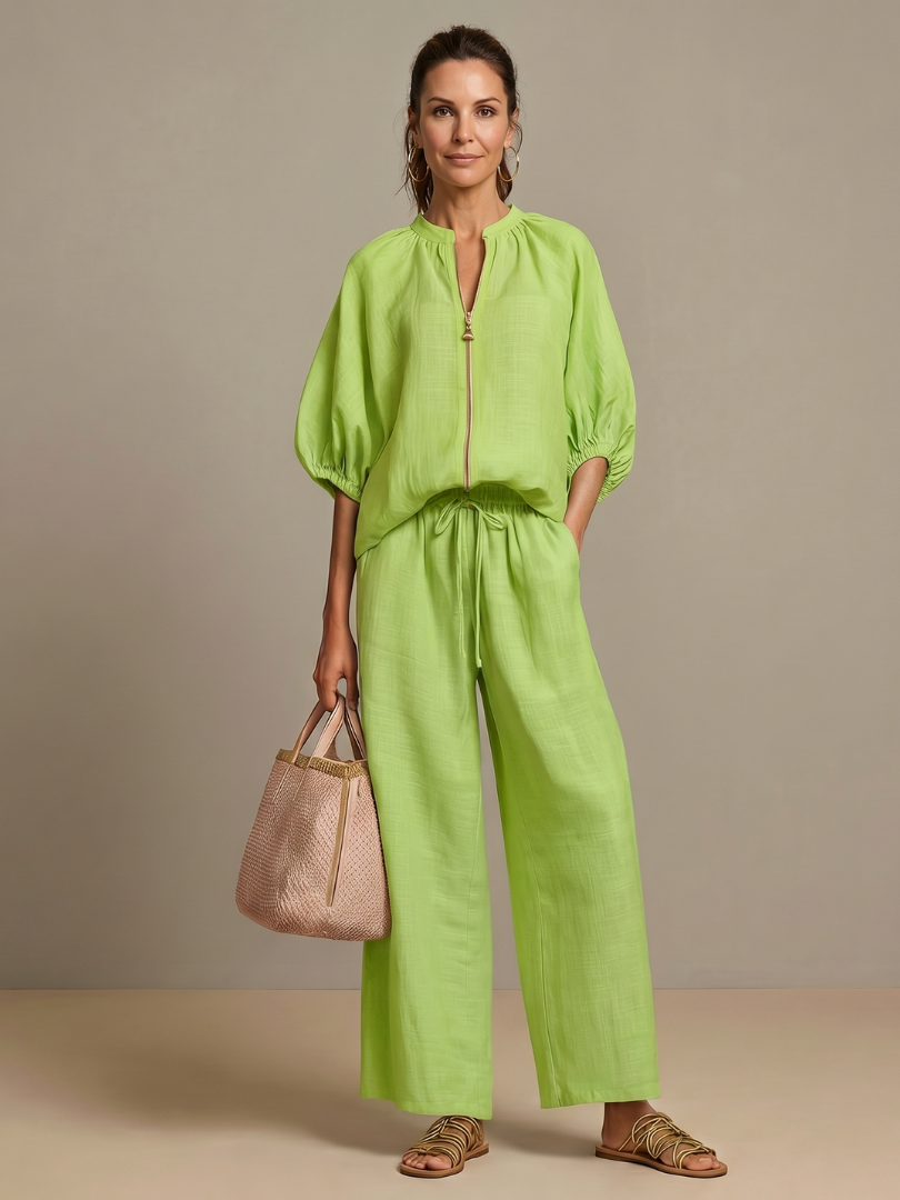 Natalia | Blouson-Top mit Reissverschluss und Hose mit weitem Bein