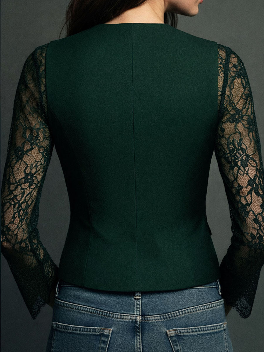 Noémie | Schwarzes Blazer-Oberteil mit halbtransparenten Ärmeln
