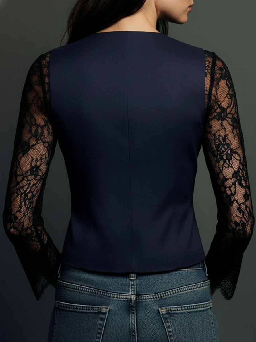 Noémie | Schwarzes Blazer-Oberteil mit halbtransparenten Ärmeln