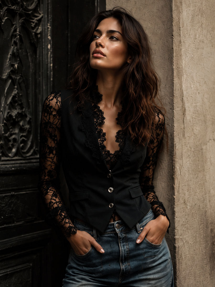 Noémie | Schwarzes Blazer-Oberteil mit halbtransparenten Ärmeln