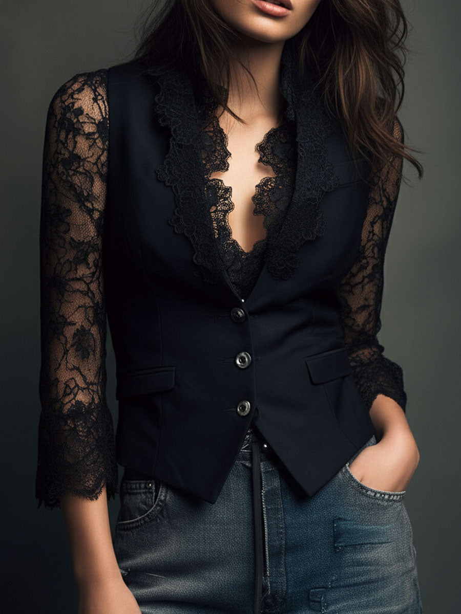 Noémie | Schwarzes Blazer-Oberteil mit halbtransparenten Ärmeln