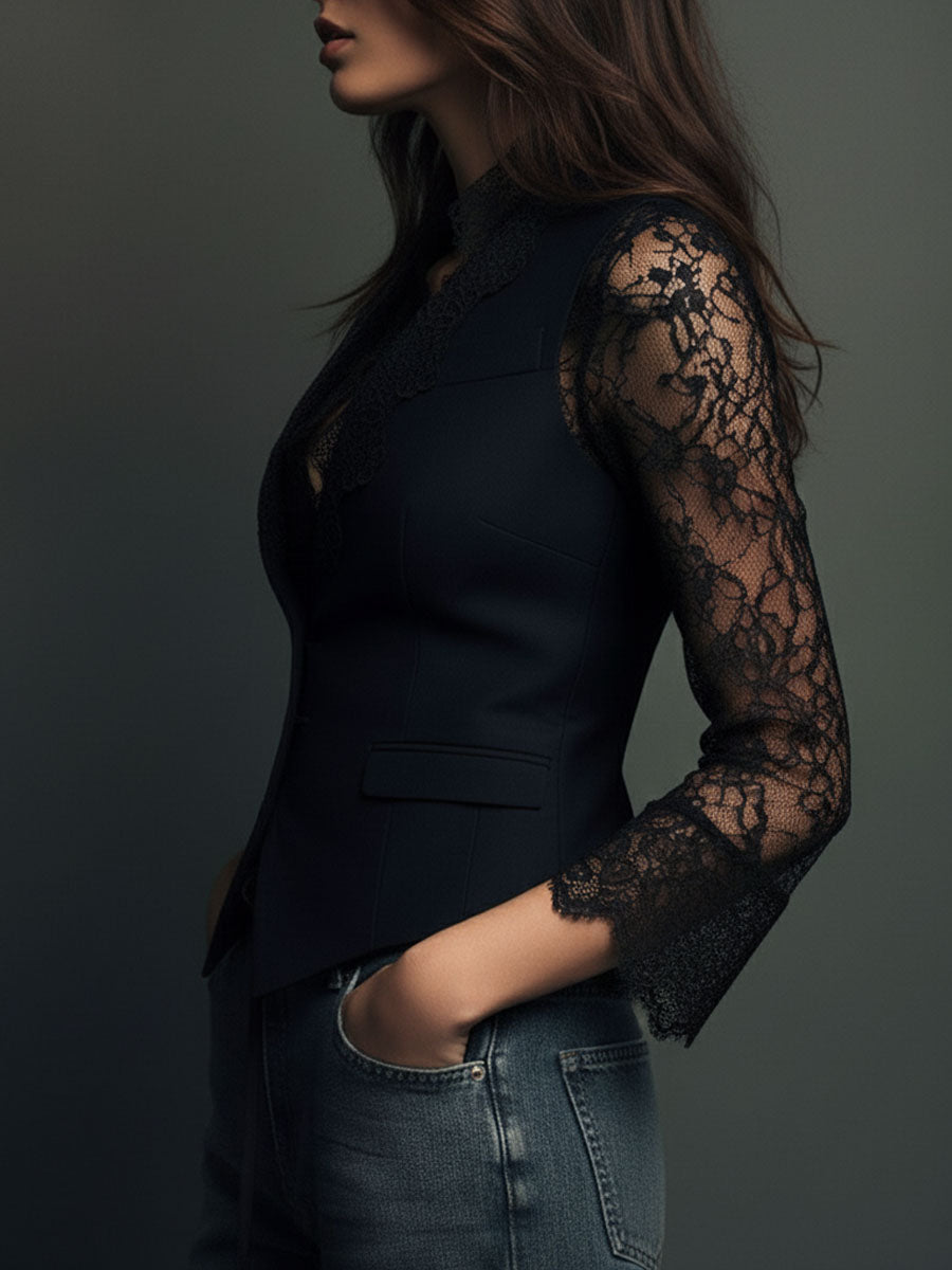 Noémie | Schwarzes Blazer-Oberteil mit halbtransparenten Ärmeln