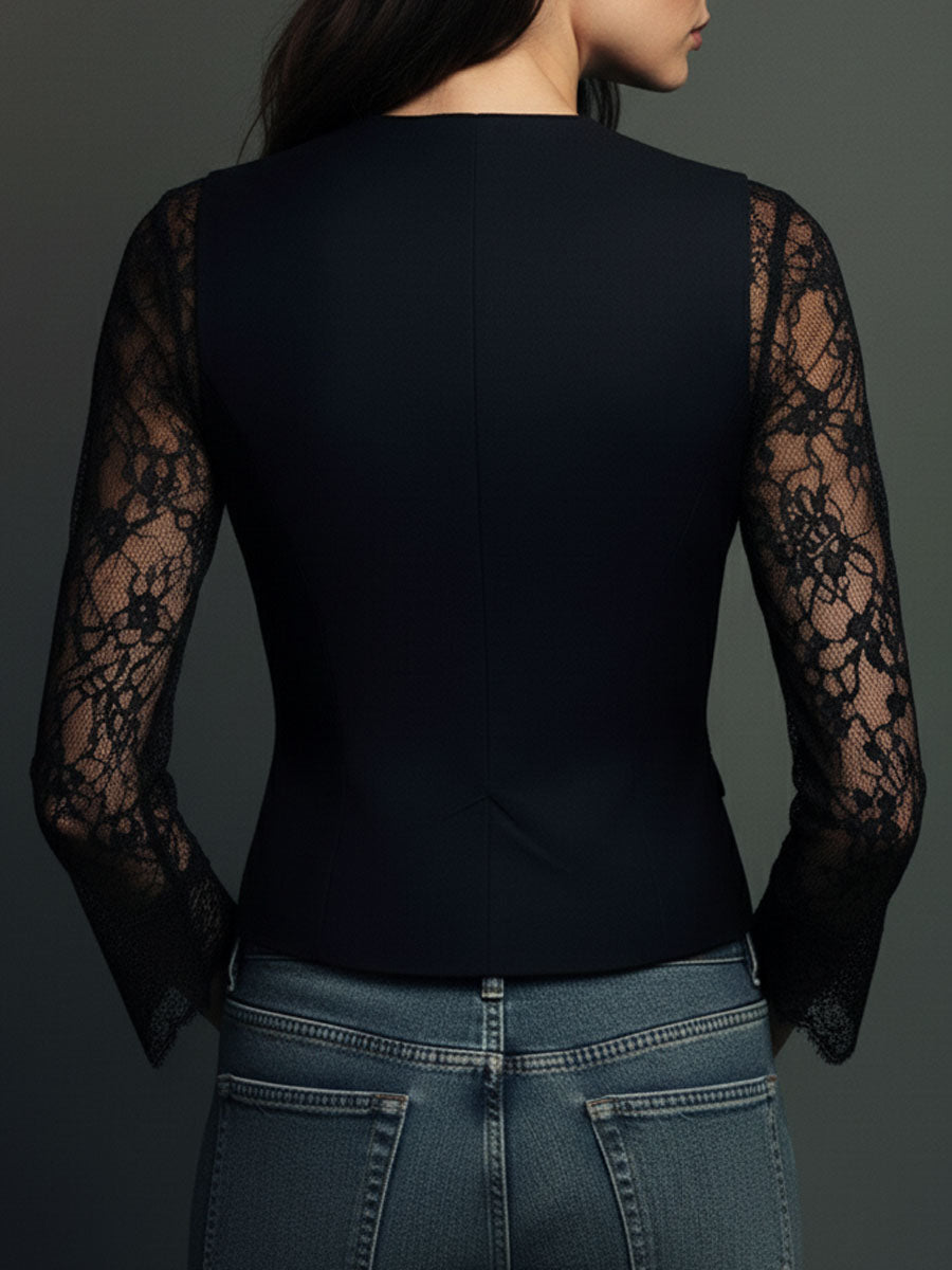 Noémie | Schwarzes Blazer-Oberteil mit halbtransparenten Ärmeln