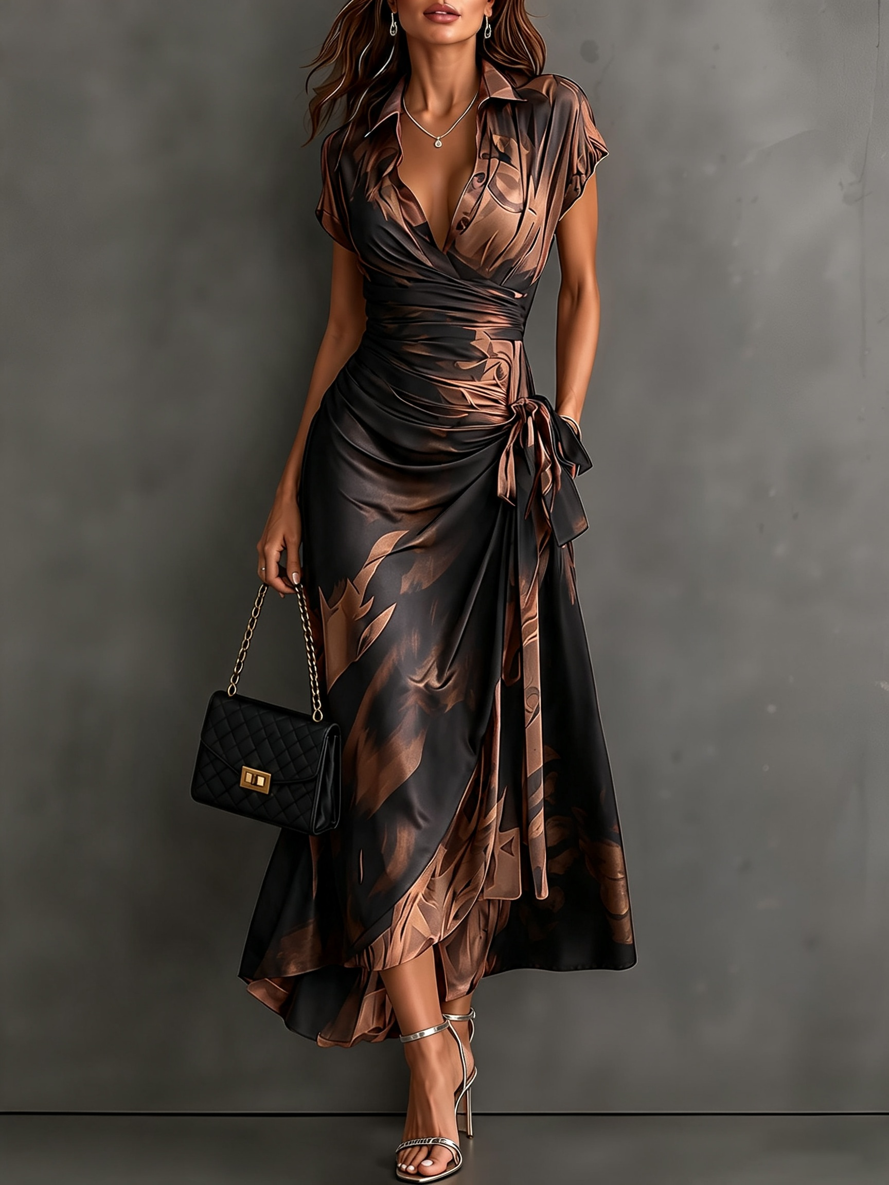 Midi-Wickelkleid mit abstraktem rot-schwarzem Print, V-Ausschnitt, kurzen Ärmeln, Bindegürtel und asymmetrischem Volantsaum