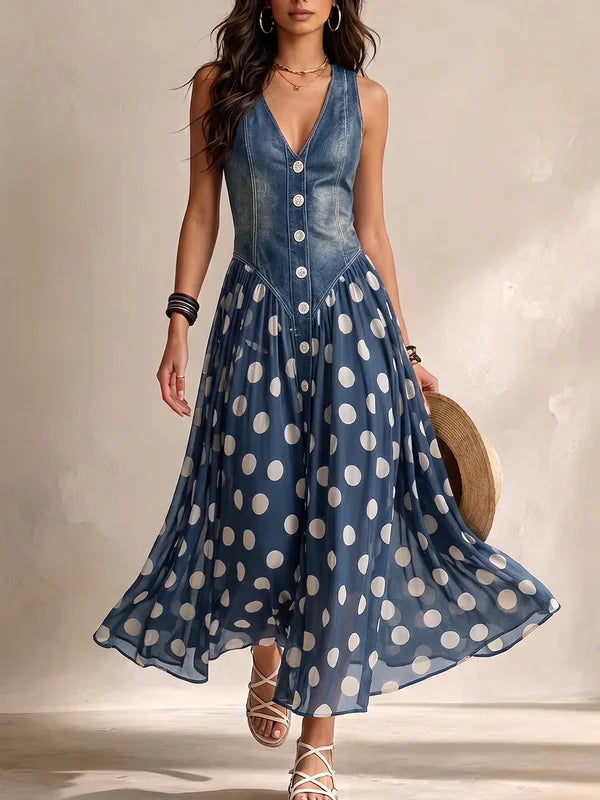 Brenda | Elegantes Denim-Kleid mit Chiffonrock mit Polka-Dot-Muster