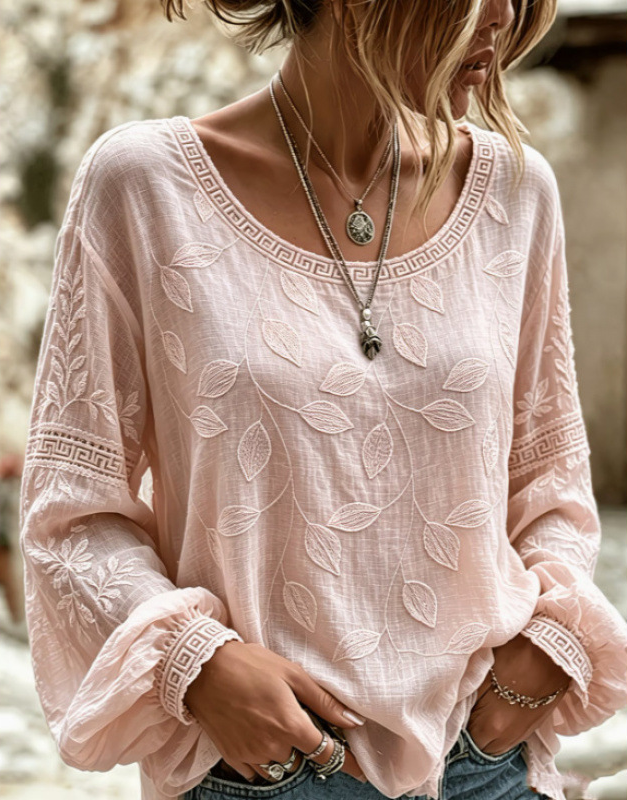 Noor™ | Puderrosa Bluse mit Blattstickerei