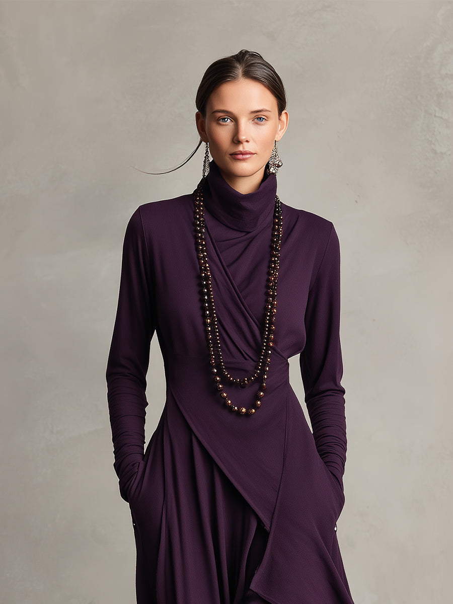 Bohemian Cotton Stretch Turtleneck Asymmetrisch Drapiertes Maxikleid