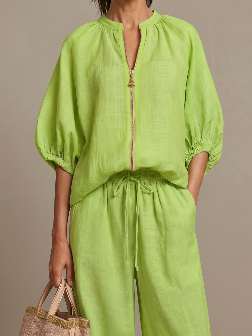 Natalia | Blouson-Top mit Reissverschluss und Hose mit weitem Bein