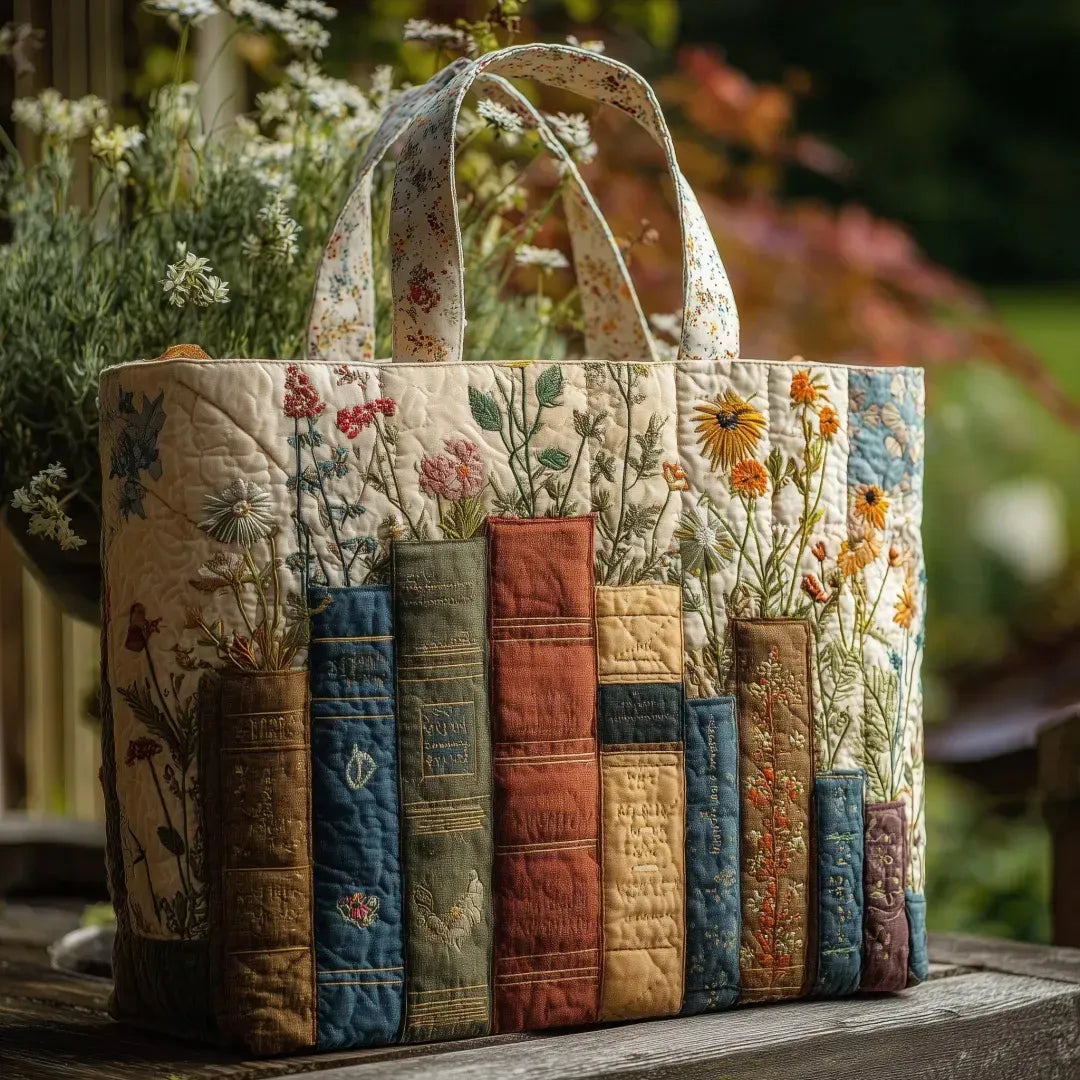 Handgefertigte Matelassé-Tasche: Bücher und Blumen