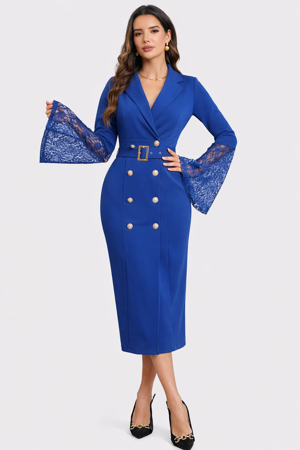 Kerensa | Midikleid mit Gürtel und Spitzenärmeln