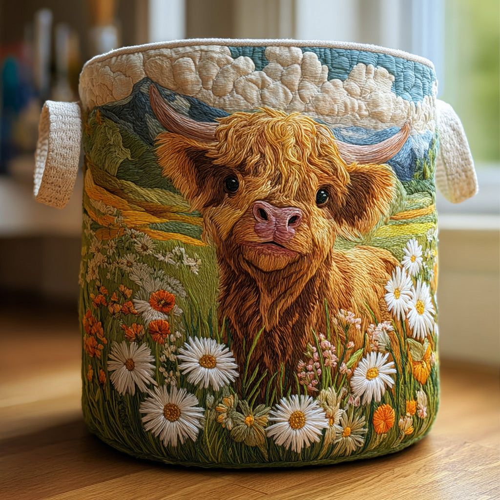Gepolsterter Korb mit Highland-Rind, umgeben von Blumen