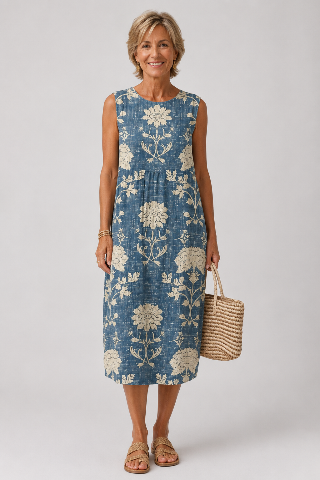 Belle | Geblümtes Boho-Kleid in Denimblau