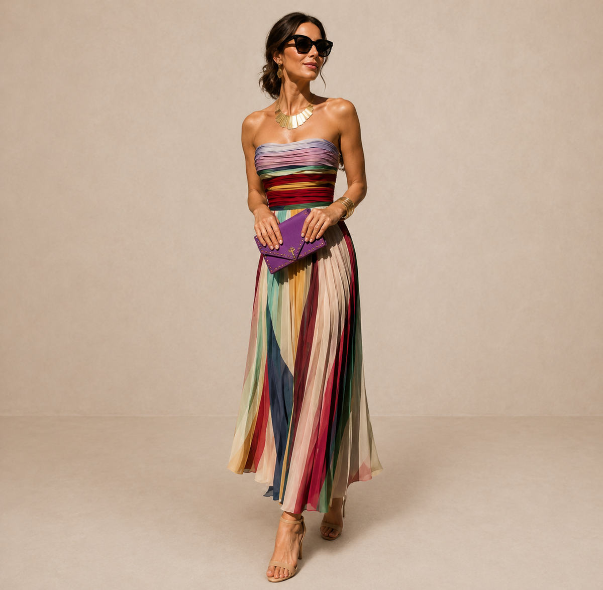 Delyth | Trägerloses plissiertes Maxikleid