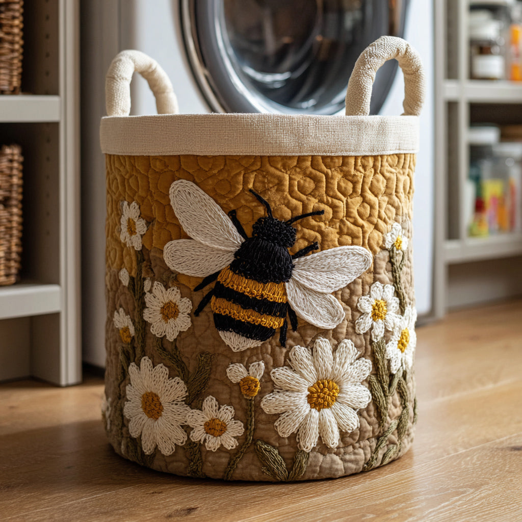 Gepolsterter Korb mit Bienen und Gänseblümchen