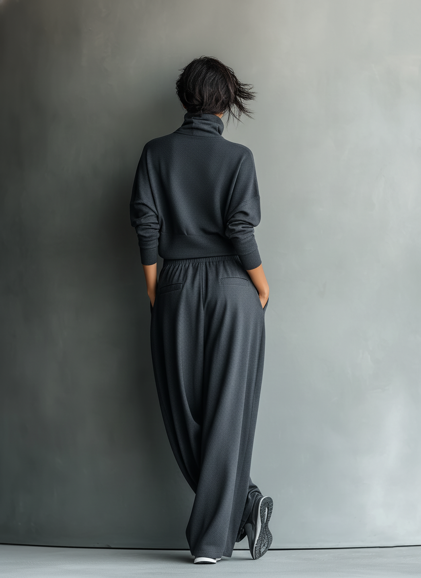 Anthrazitfarbenes Damen-Strickset mit hohem Kragen und weiter Hose