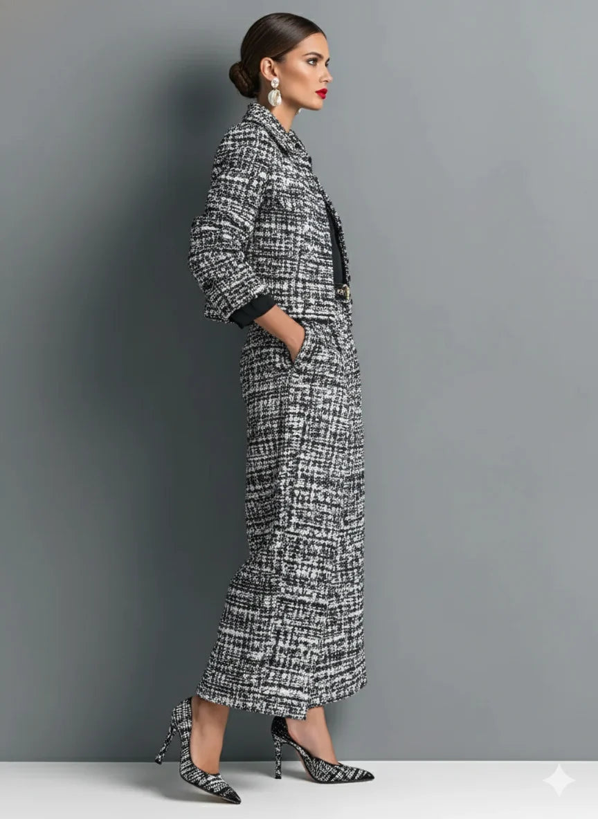 Damen-Set aus Tweed-Mischgewebe: Einreihige, kurze Jacke und Hose mit weitem Bein