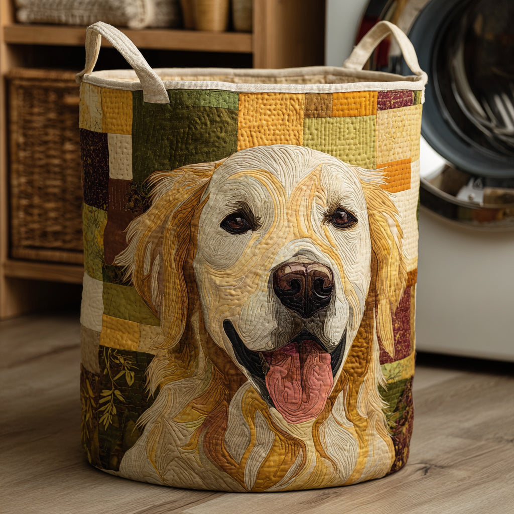 Gepolsterter Korb mit lächelndem Golden Retriever