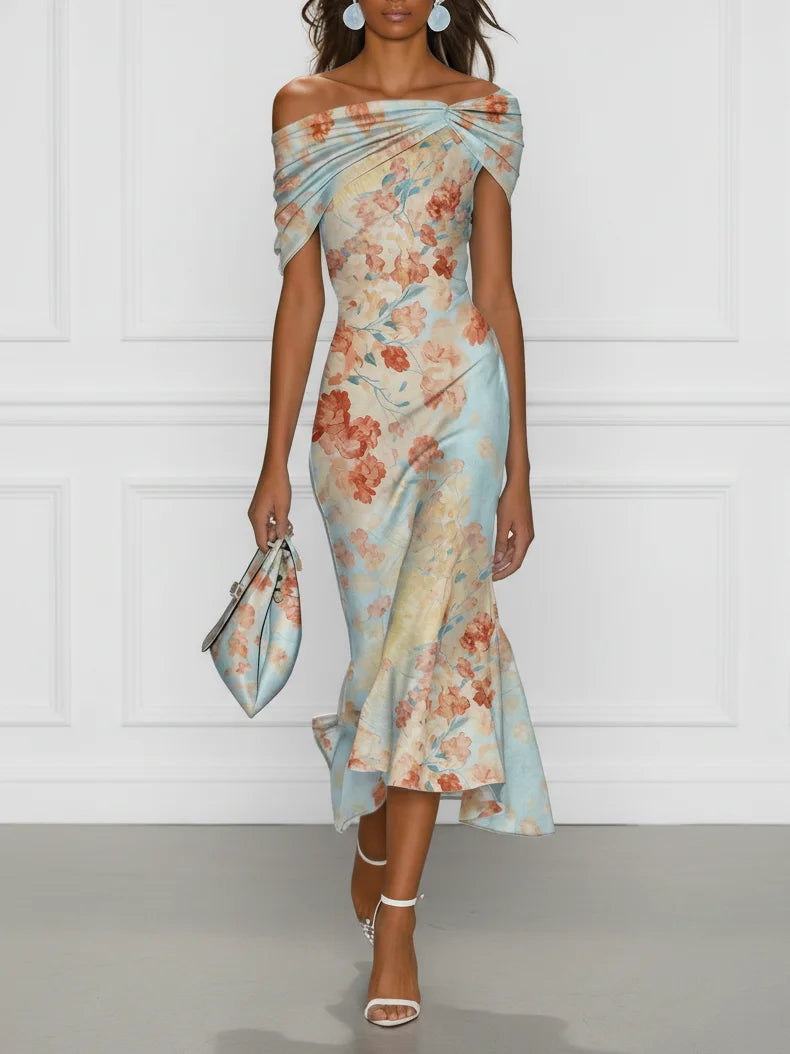 Vittoria - Ärmelloses Meerjungfrau-Midikleid mit Carmen-Ausschnitt und blauem Blumenmuster