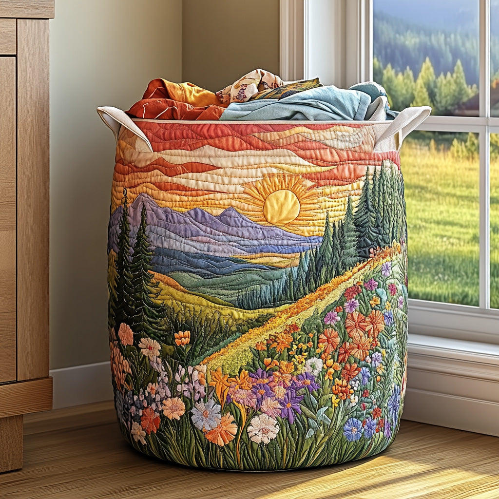 Gepolsterter Korb mit Sonnenaufgang zwischen Bergen und Blumen