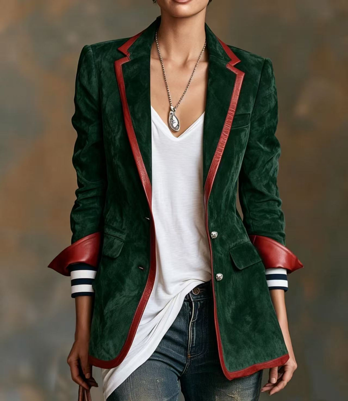 Ginevra | Vintage-Blazer aus Velourslederimitat mit Kontrastbesatz
