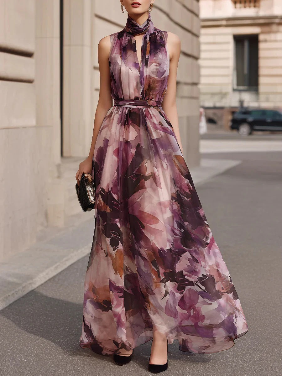 Florales Maxikleid mit Bindekragen und Gürtel