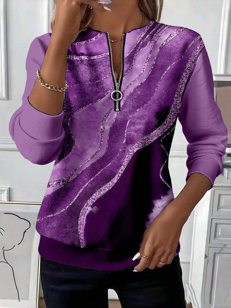 Alma – Sweatshirt mit Reißverschluss und lila Wellenmuster mit Glitzer