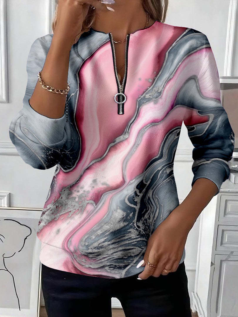 Selma – Sweatshirt mit Reißverschluss und Marmormuster in Hellrosa und Grau