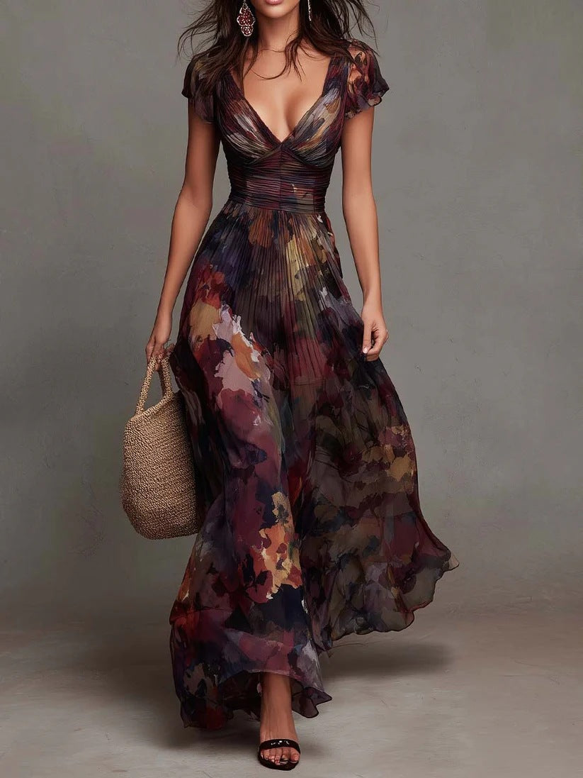 Maxikleid mit Aquarell-Blumenprint, Plisseefalten und V-Ausschnitt