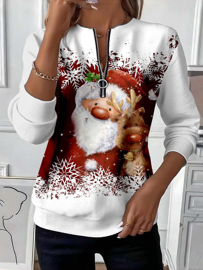 Julie – Weihnachtssweatshirt mit Reißverschluss, Weihnachtsmann und Rentier