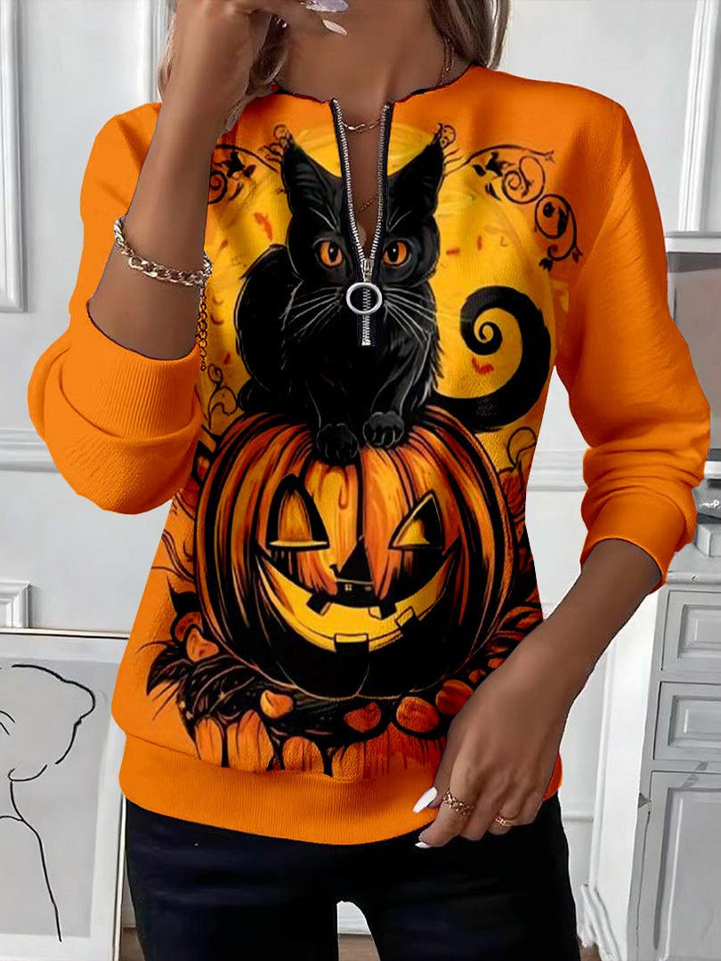 Olivia – Halloween-Sweatshirt mit Reißverschluss, schwarzer Katze und Kürbis