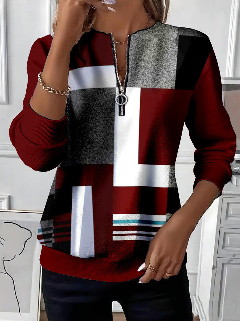Vera – Sweatshirt mit Reißverschluss und geometrischem Farbblock in Bordeaux