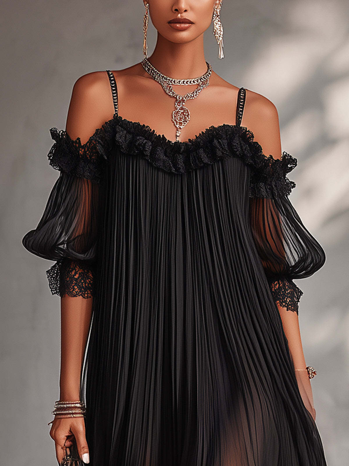 Vittoria – Schwarzes Minikleid aus Chiffon mit Spitze