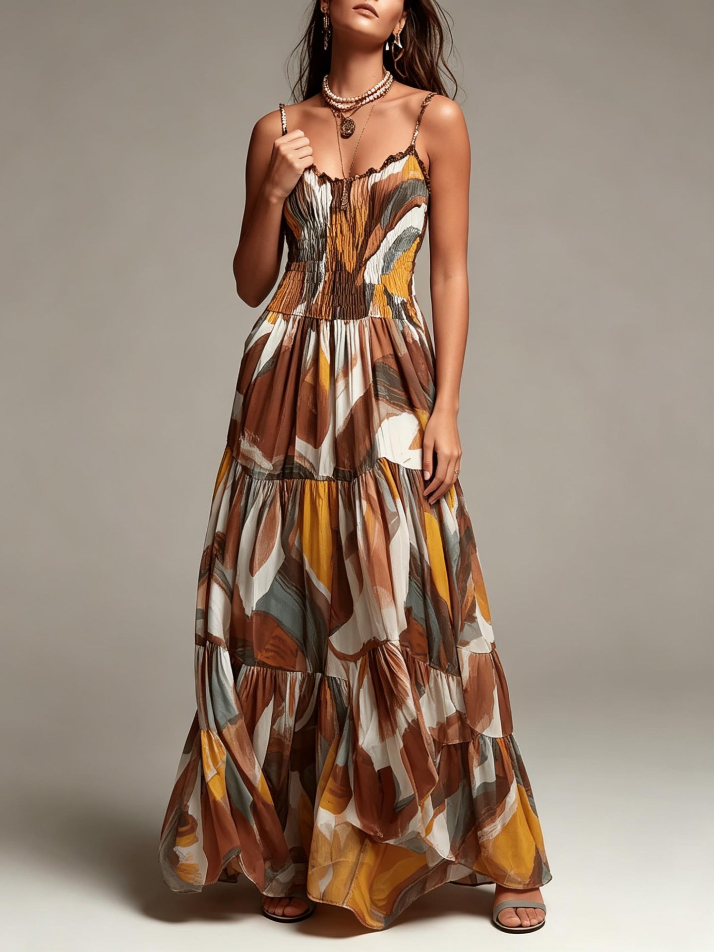 Gestuftes Maxikleid mit abstraktem Print und gesmoktem Oberteil