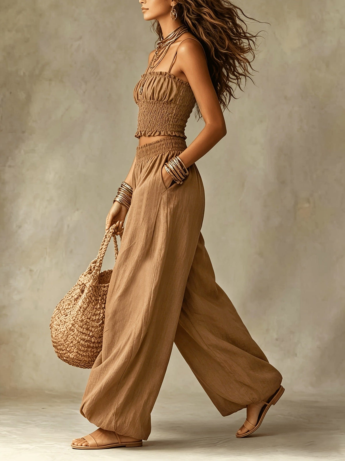 Zweiteiliges Set mit gesmoktem Crop-Top und weiter Hose