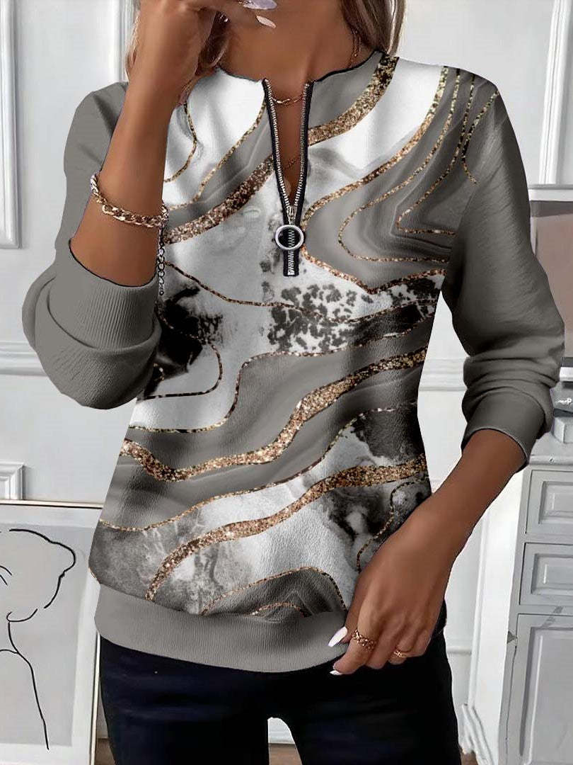 Marie – Sweatshirt mit Reißverschluss und Marmormuster mit Goldglitzer