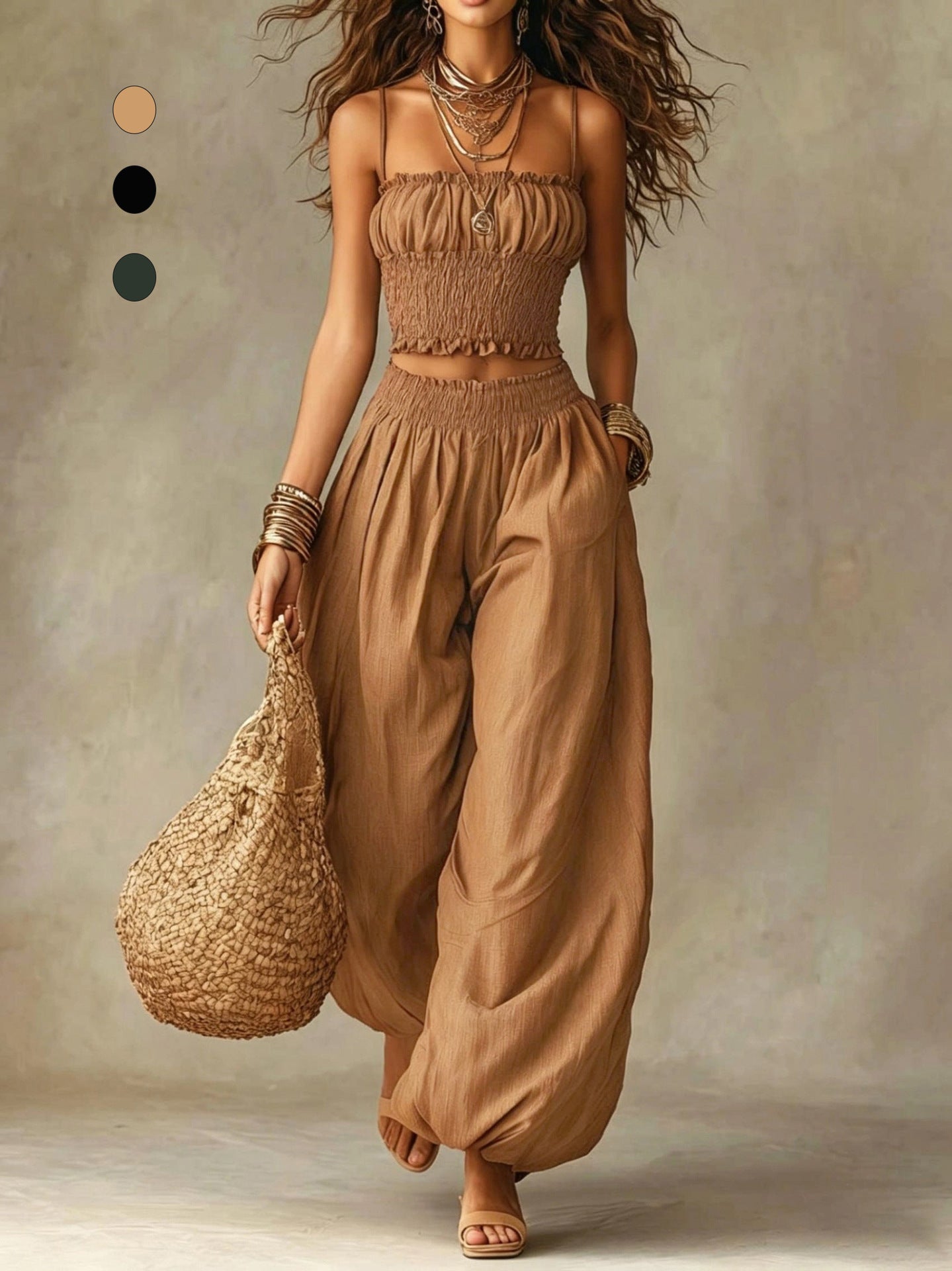 Zweiteiliges Set mit gesmoktem Crop-Top und weiter Hose