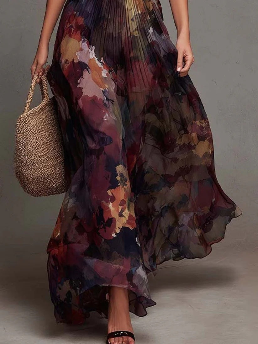 Maxikleid mit Aquarell-Blumenprint, Plisseefalten und V-Ausschnitt