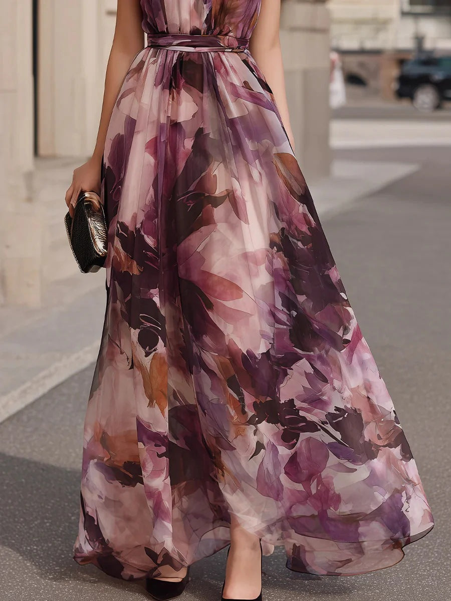 Florales Maxikleid mit Bindekragen und Gürtel