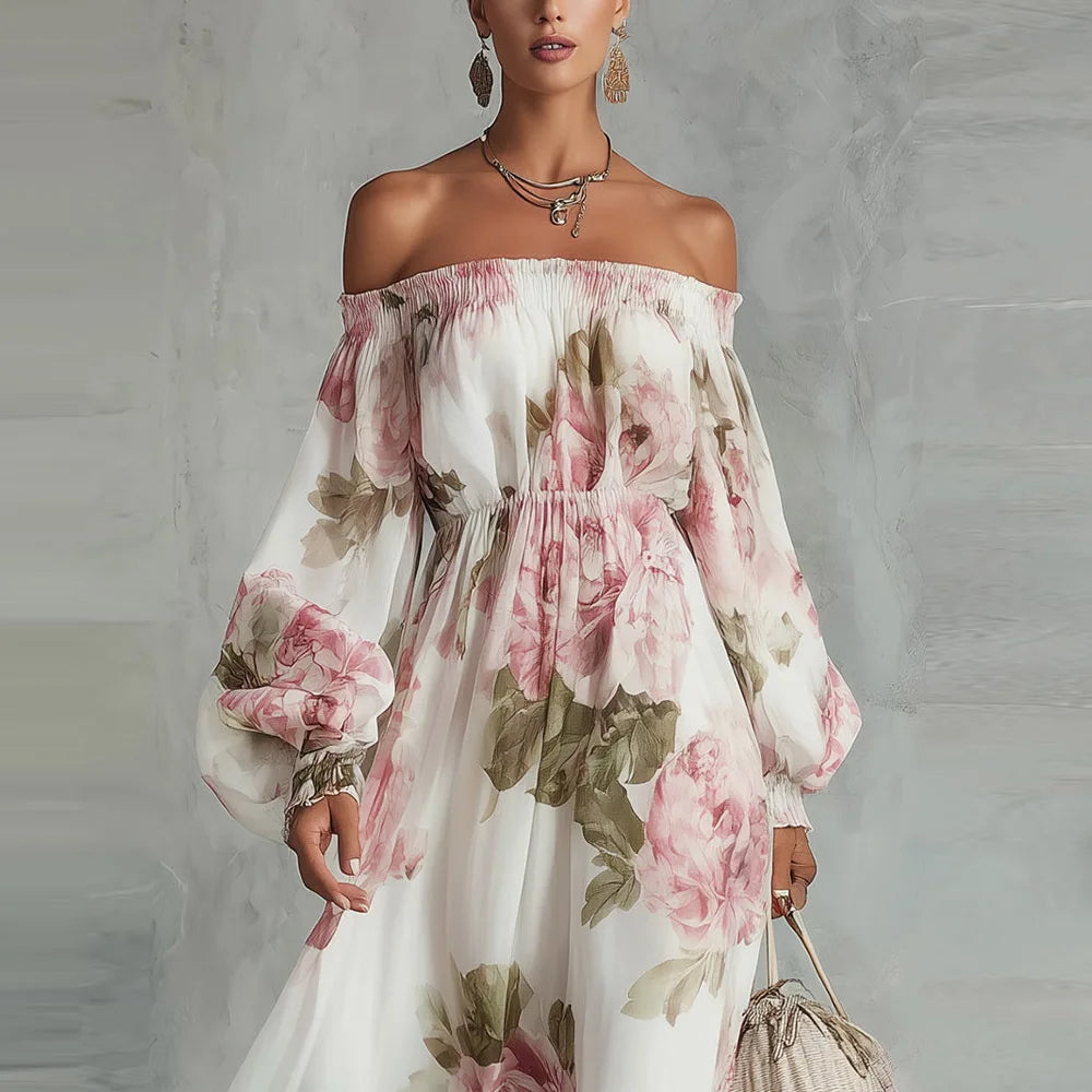 Payton | Schulterfreies florales Maxikleid mit langen Ärmeln