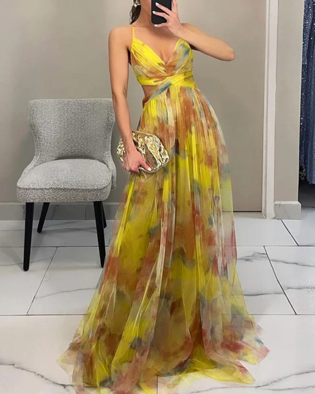 Bryony | Maxikleid aus Chiffon mit Aquarellmuster