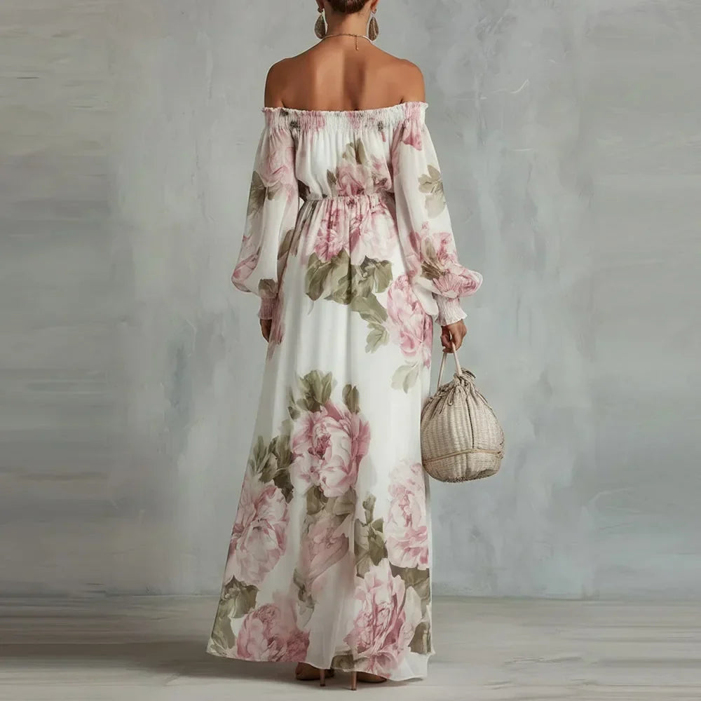 Payton | Schulterfreies florales Maxikleid mit langen Ärmeln