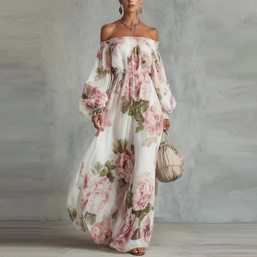 Payton | Schulterfreies florales Maxikleid mit langen Ärmeln