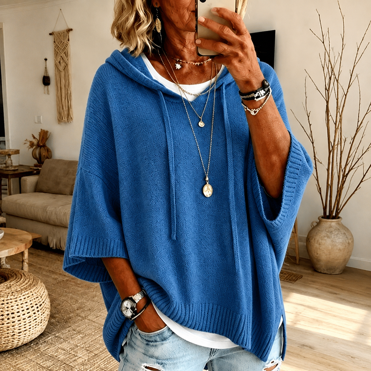 Rowena | Poncho-Pullover mit Kapuze in Blau
