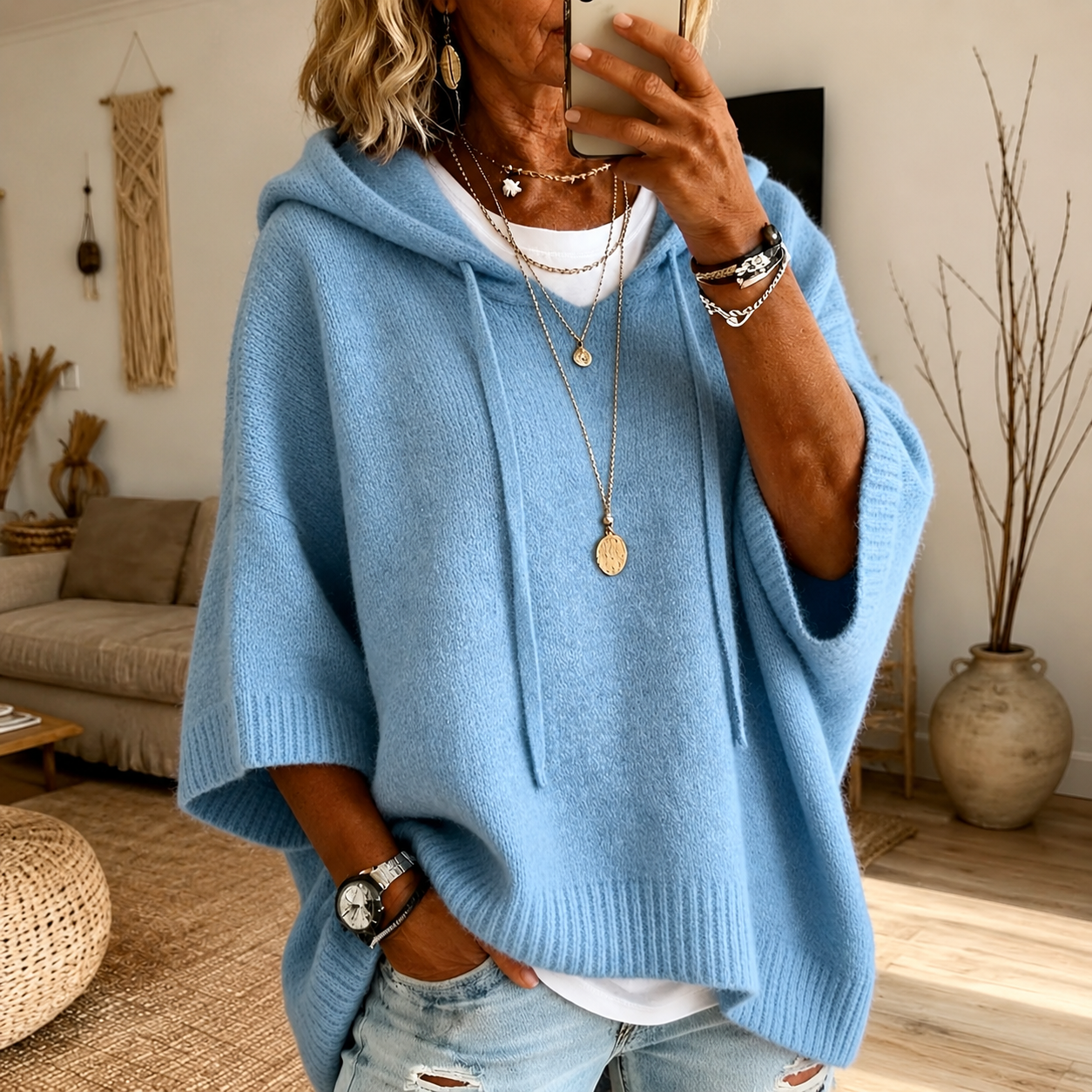 Léa | Poncho-Pullover mit Kapuze in Himmelblau