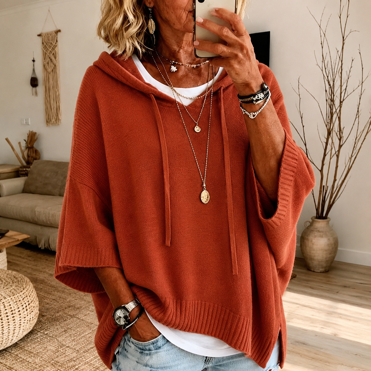 Océane | Poncho-Pullover mit Kapuze in Terrakotta