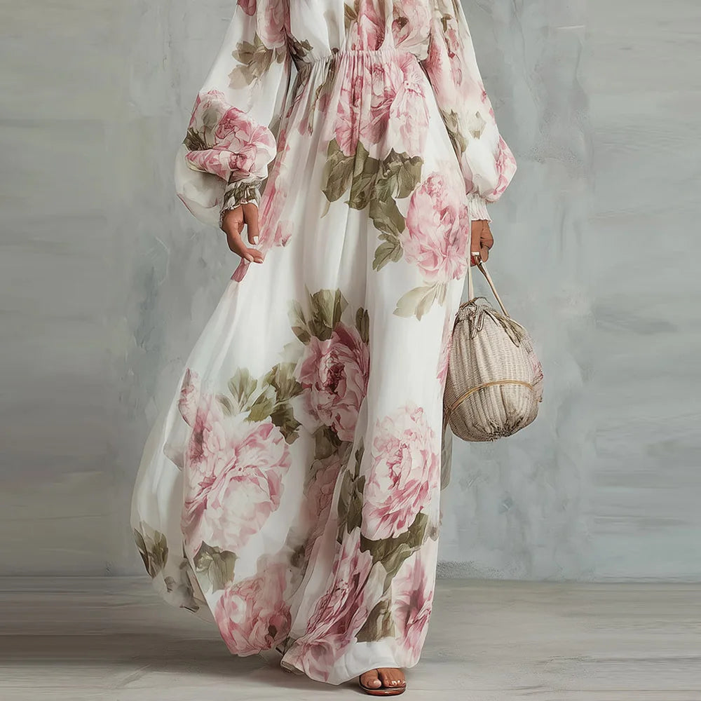 Payton | Schulterfreies florales Maxikleid mit langen Ärmeln