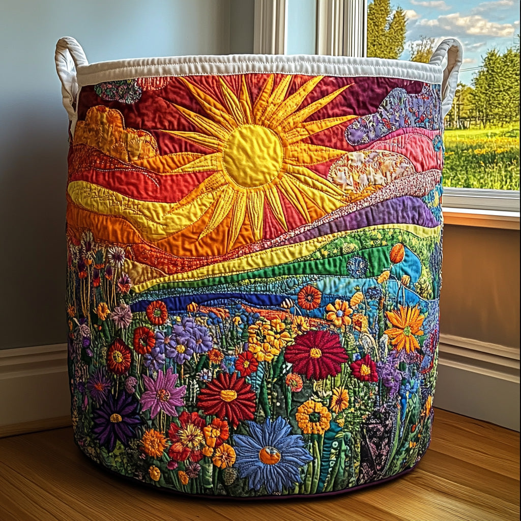 Gepolsterter Korb mit Sonne über Hügeln und Blumen