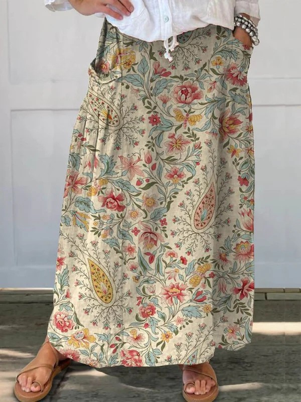Nilva™ | Vintage-Rock mit floralem Kunstdruck und Taschen