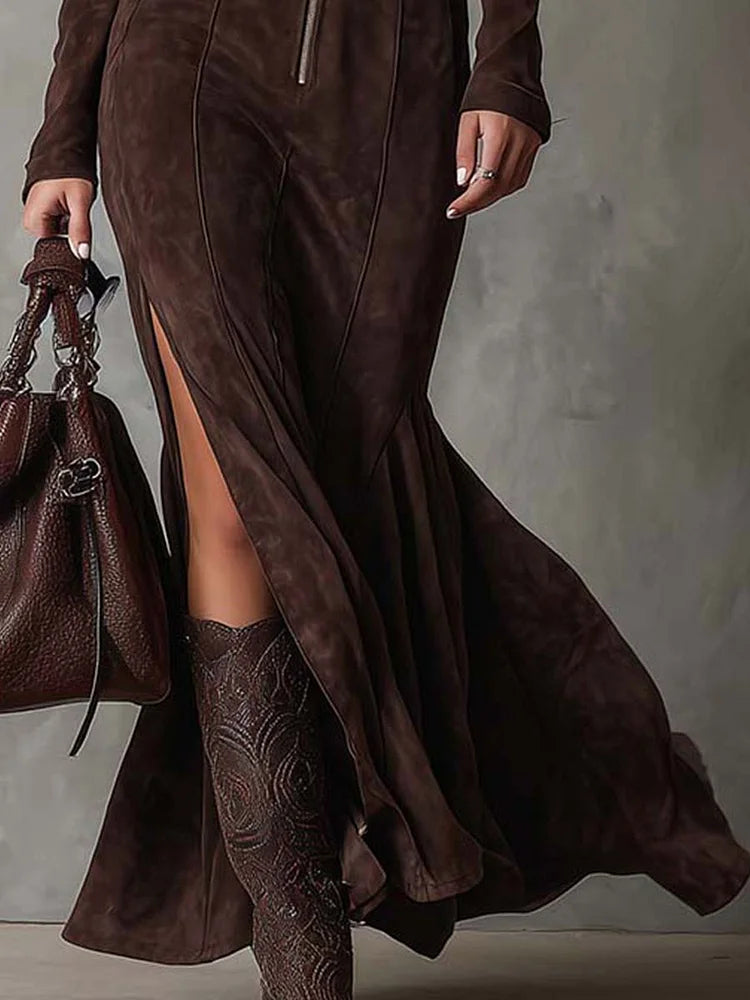 Marceline | Langes braunes Kleid mit Gürtel